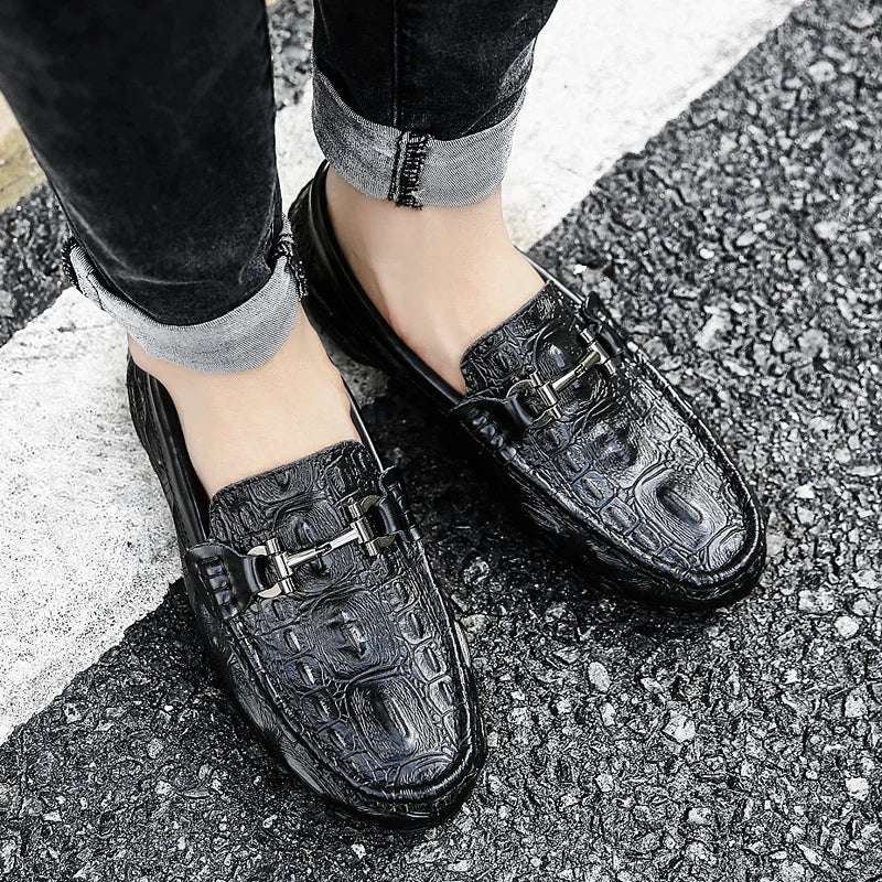 Men Casual Shoes Genuine Leather Crocodile Style Luxury Brand Mens Loafers Moccasins Slip on Black Driving Shoes Plus Size 38-47