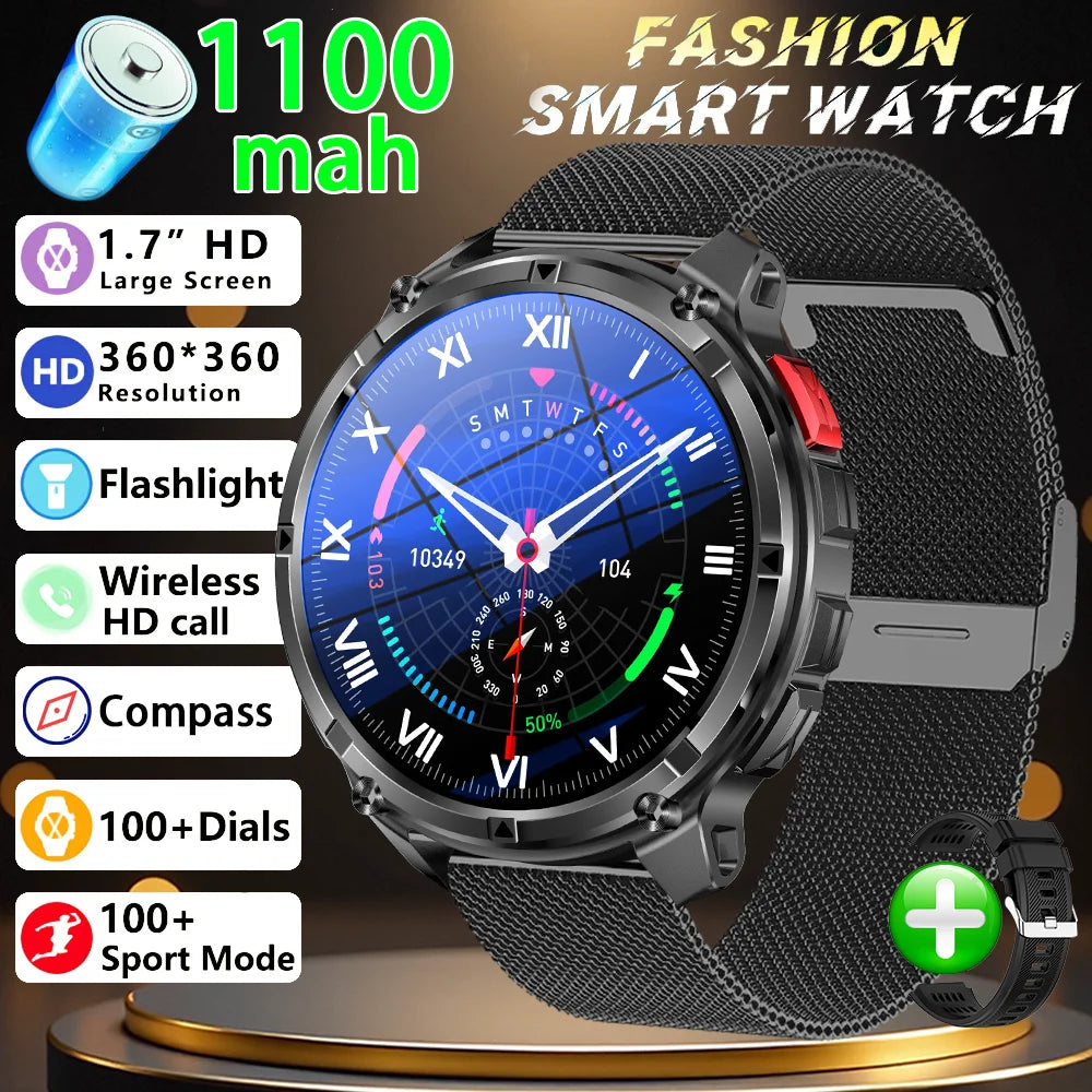 Men Smart Watch 1.7inch LED Flashlight HT33 BT Calling Outdoor Sports Compass Health Monitoring 1100mAh Large Battery Smartwatch