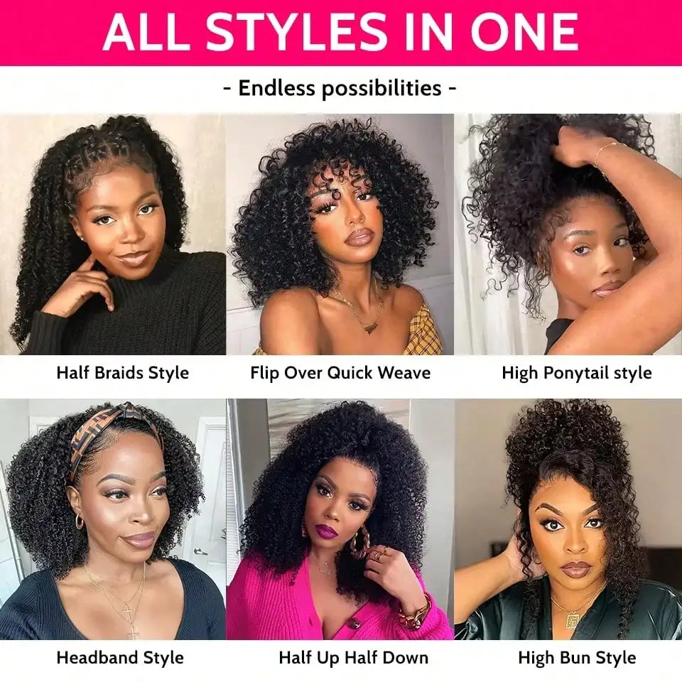 200 Density 3-In-1 Jerry Curly Half Wig Human Hair eamless Flip Over Half Wig Human Hair Glueless Wear And Go Drawstring HeadbW
