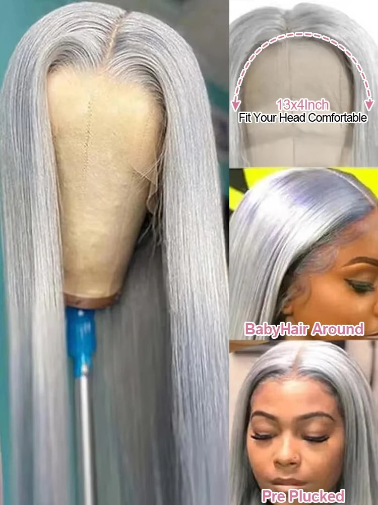 Silver Grey Straight Human Hair Wigs Brazilian 180% Density 13x6 HD Lace Frontal Colored Wig 36 Inch Pre Plucked With Baby Hairline For Women On Sale