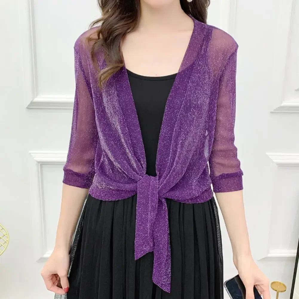 Women's Sparkling Lace-Up Cardigan Summer Sheer Cover Up Lightweight Loose Blouse Half Sleeve Beachwear Casual Glitter Jacket