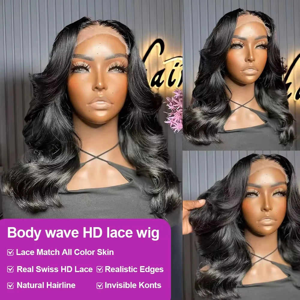 13x6 HD Lace Frontal Wigs Short Bob Body Wave Human Hair Wig 200 Density Pre Plucked Brazilian  Human Hair Wig For Women