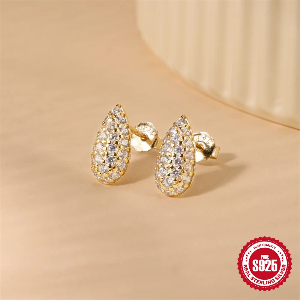 CANNER 925 Sterling Silver Water Droplet Luxurious Full Zircon Stud Earrings For Women Ins Simple Elegant Earrings Jewelry Gift