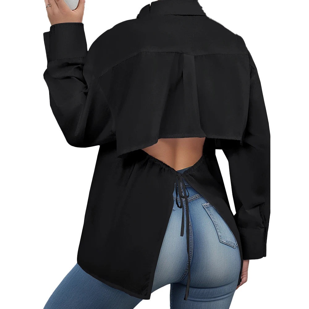 Plus Size Women's Crop Top Shirt Elegant Women's Tie-Front Long-Sleeved Shirt Solid Colour Suitable for Autumn