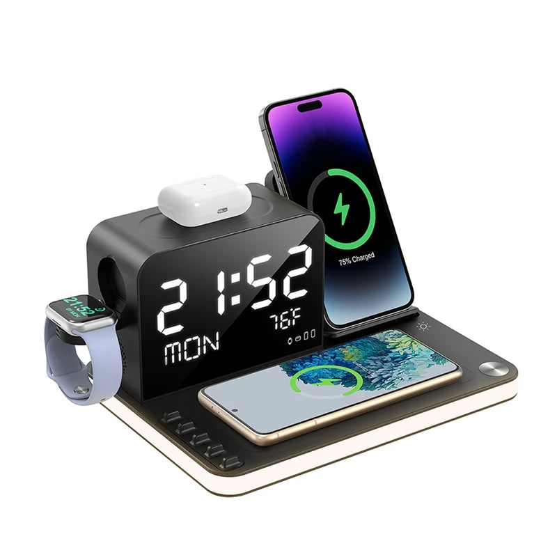 Wireless Charging Station Wireless Charging Station 7 in 1 Fast Charger Stand with Clock Night Lights for Watches Smartphones