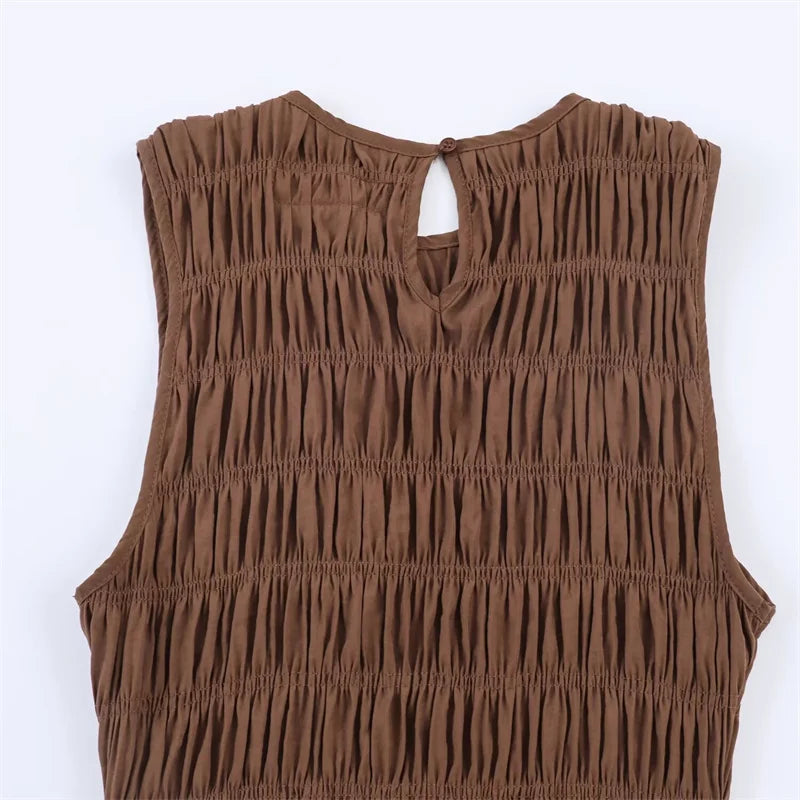 Women's French Simple Fluffy Midi Dress Sleeveless round Neck Mid-Length Casual A-Line Polyester Spring New Product