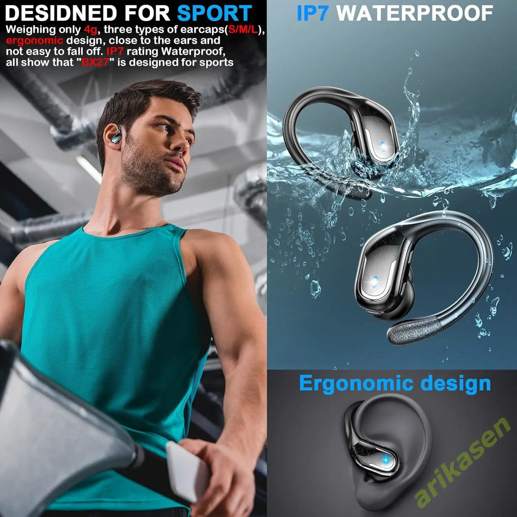 Bluetooth 5.3 Earphones IP7 Waterproof Wireless Headphones ENC Noise Cancelling Mic Deep Bass for Sports Workout Gym TWS In-Ear