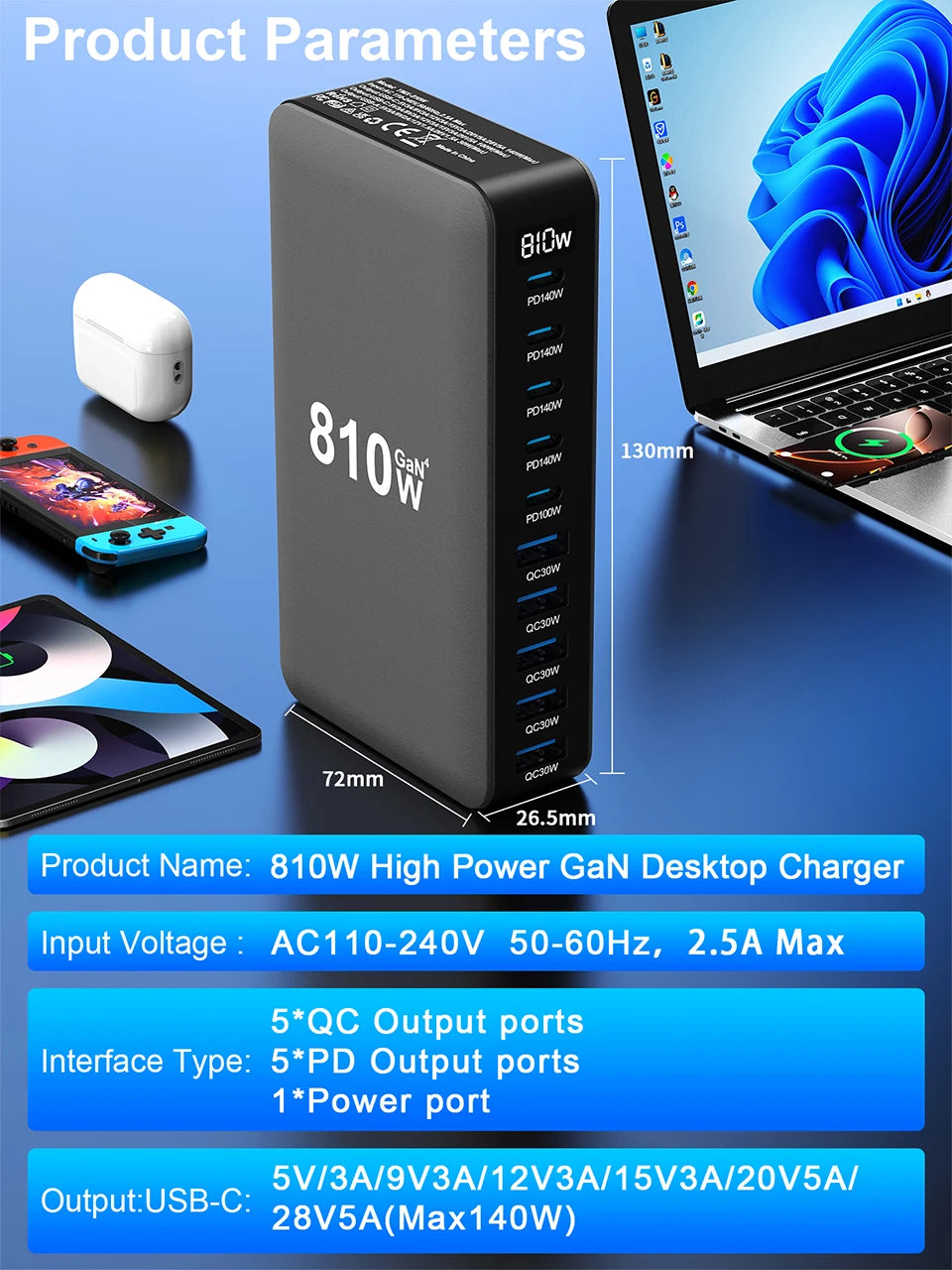 810W GaN Charger USB C Fast Desktop 10-port USB Type C PD3.1 Charger Fast Charging for iPhone Samsung Xiaomi Macbook