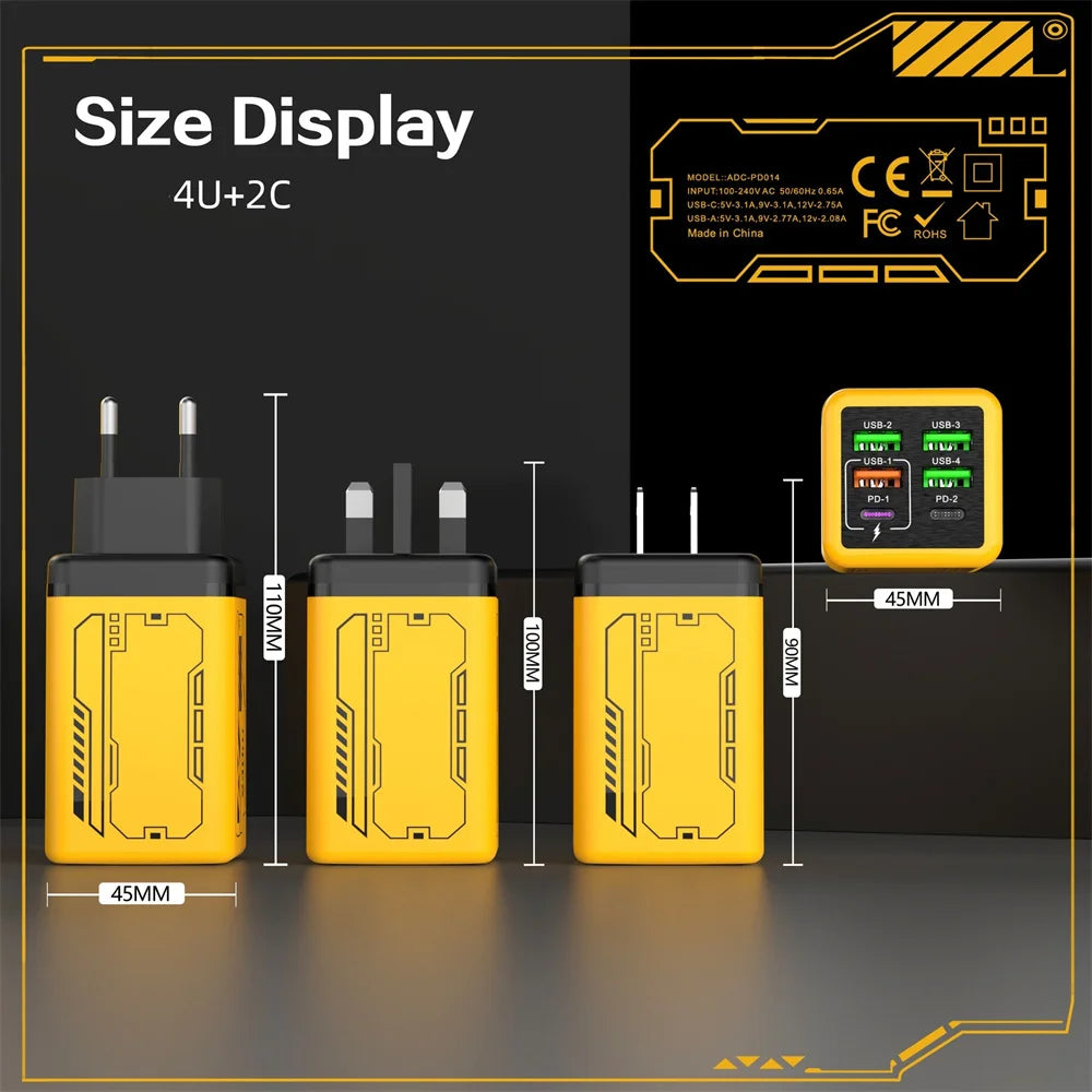 240W USB Type C Charger 6 Ports USB Super Fast Charging Mobile Phone Power Adapter USB3.0 EU/UK/US Plug For iPhone 17 16 Samsung