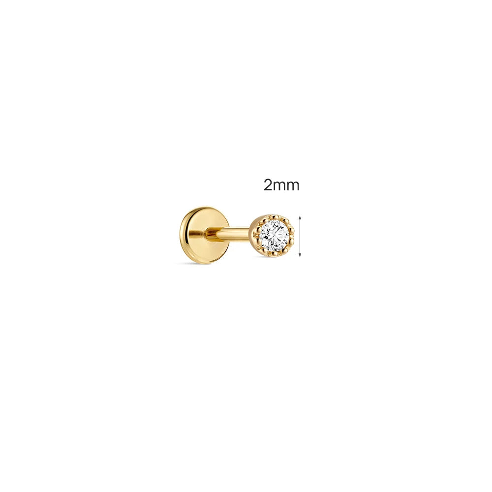 CANNER 1PC 2/2.5/3mm G23 Titanium 14K Solid Gold CZ Piercing Flat Back Stud Earring Women Hypoallergenic Classic Ear Bone Gift