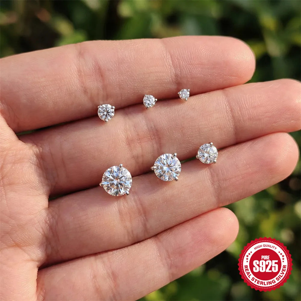CANNER 1PC Classic Three Claws 0.03-1.2 Carat Sparkling D Color Moissanite Piercing Earring Women 925 Sterling Silver Earring