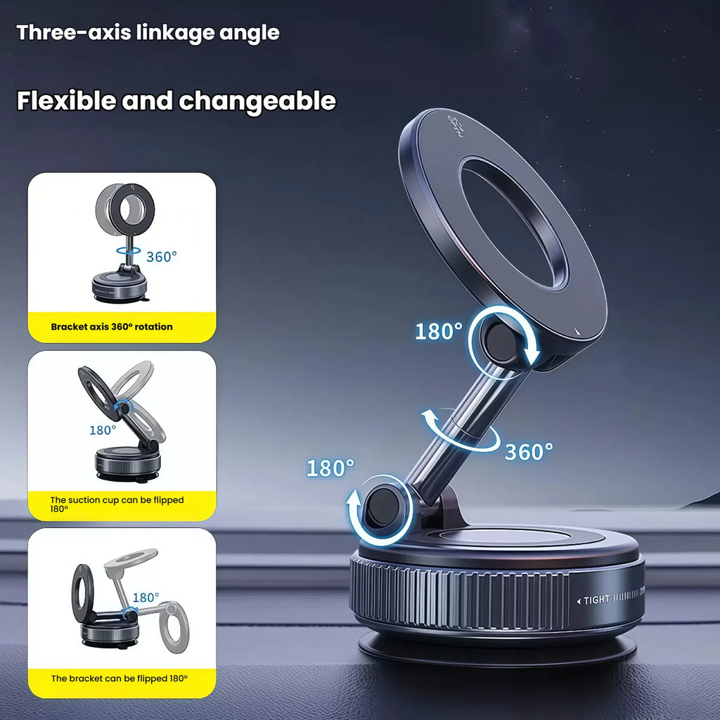 Magnetic Phone Mount 360° Rotation Vacuum Suction Car Holder Foldable Retractable for Safe Driving