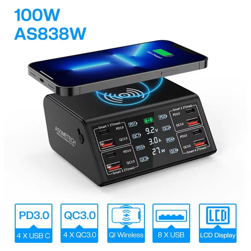 100W QC 3.0 USB Charger Wireless Charger Quick Charge PD USB C Charger Phone Accessories Fast Charger For iPhone 12 13 Xiaomi