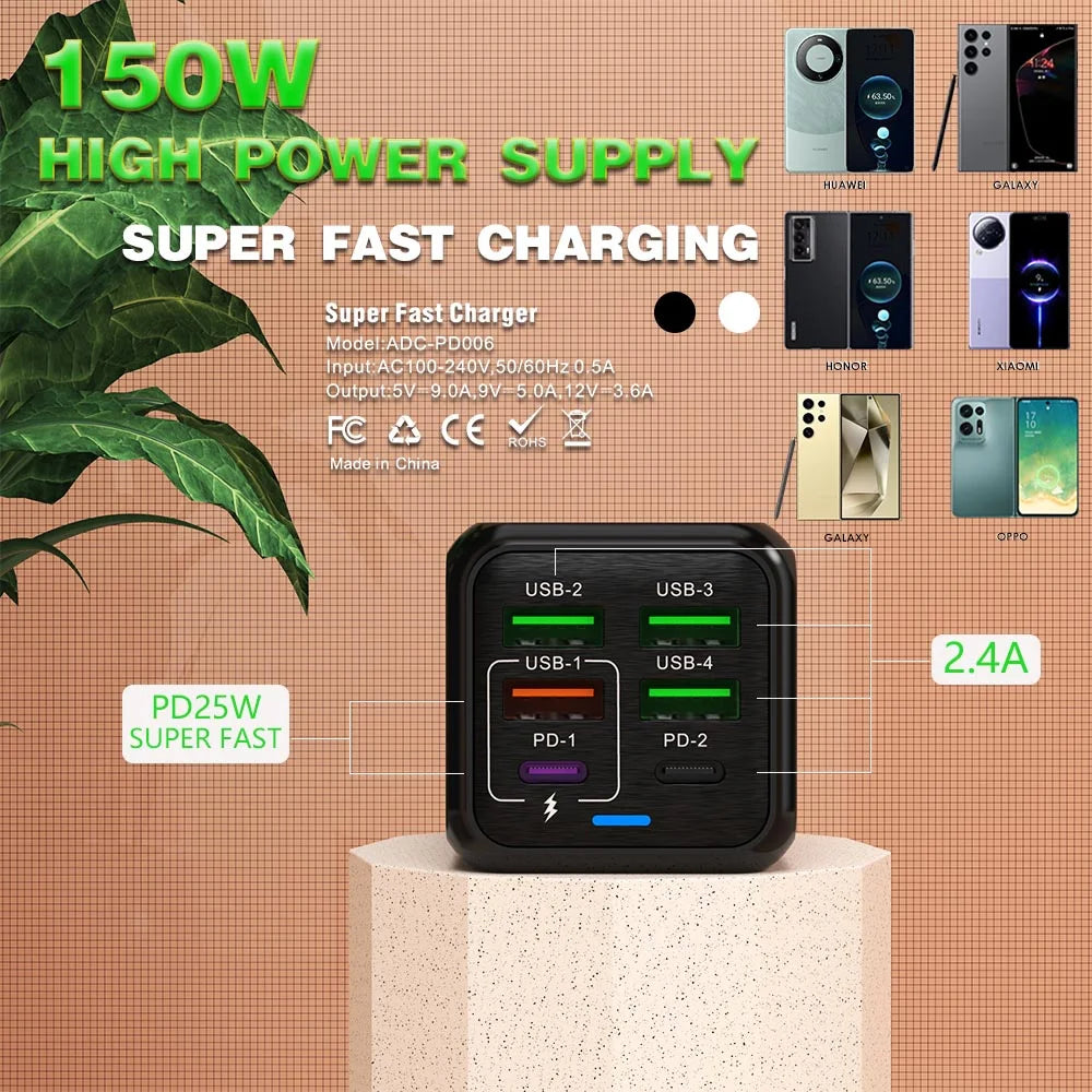 150W 6-Port USB Charger PD QC3.0 Type C Fast Charging Adapter Super Fast Charger For iPhone Samsung Xiaomi OnePlus EU/UK/US Plug