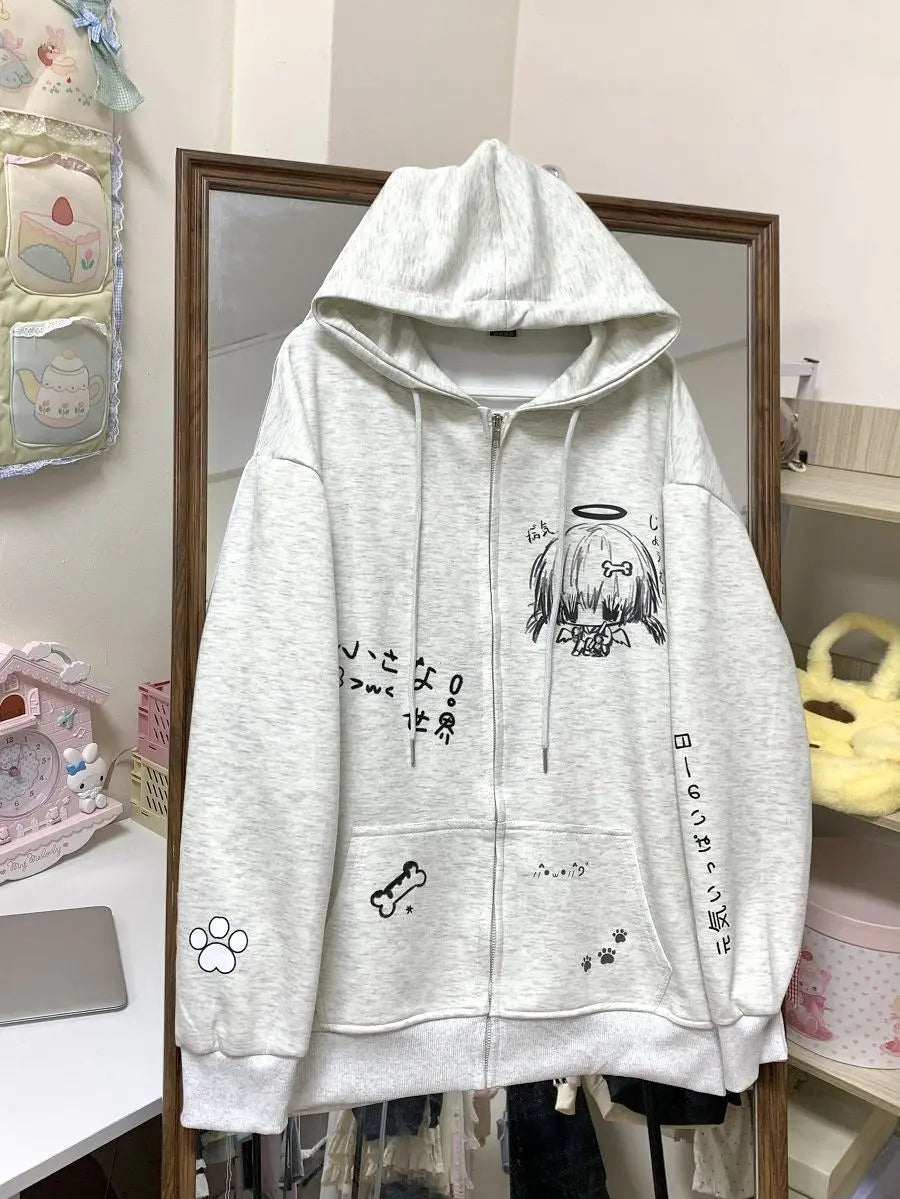 Autumn Japanese Kawaii Cute y2k Aesthetics Patchwork Sweatshirt women Cartoon Anime Print Harajuku Retro Streetwear Jacket Tops