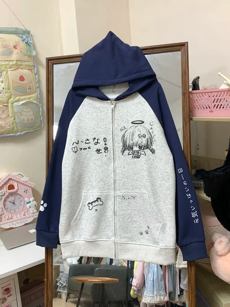 Autumn Japanese Kawaii Cute y2k Aesthetics Patchwork Sweatshirt women Cartoon Anime Print Harajuku Retro Streetwear Jacket Tops