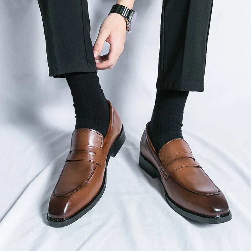 Fashion Penny Loafers Leather Men Shoes Simple Pointed Toe Slip On Dress Business Suit Casual Party Wedding Shoes For Man Brown