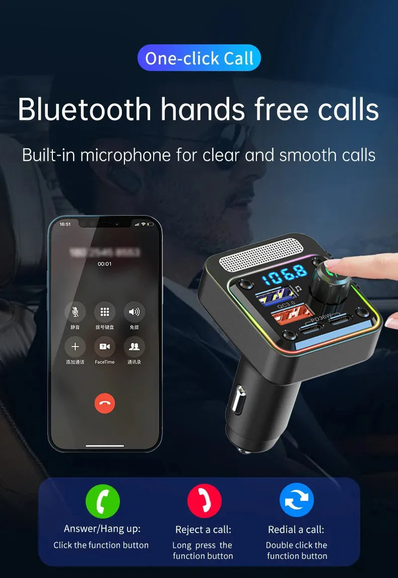 HM13X Car Bluetooth MP3 Player Dual PD 36W Fast Charge Lossless HIFI Music Car FM Transmitter Cigarette Lighter Charger Adapter