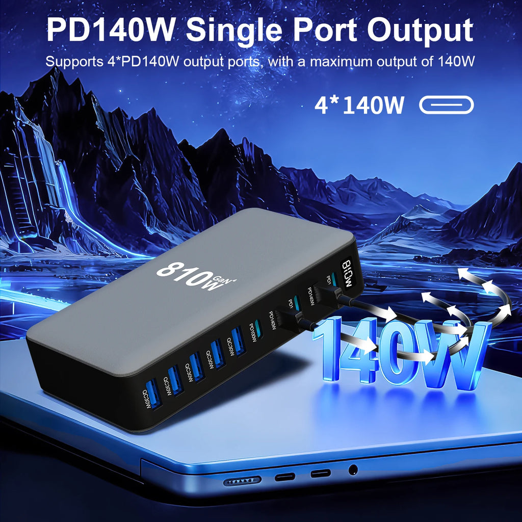 810W GaN Charger USB C Fast Desktop 10-port USB Type C PD3.1 Charger Fast Charging for iPhone Samsung Xiaomi Macbook