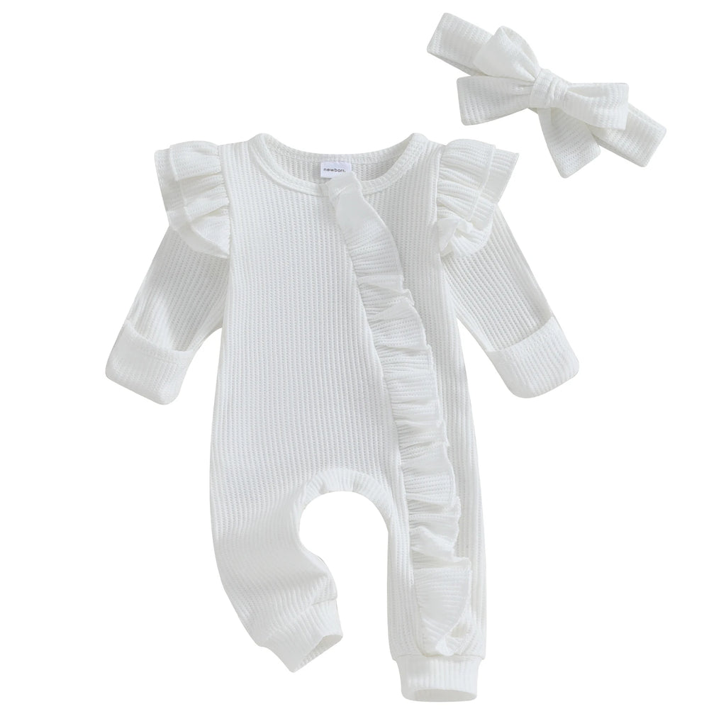 Infant Baby Girl Autumn Jumpsuit Solid Color Round Neck Flying Sleeve Ruffled Zipper Romper with Bow Headband 0-12M