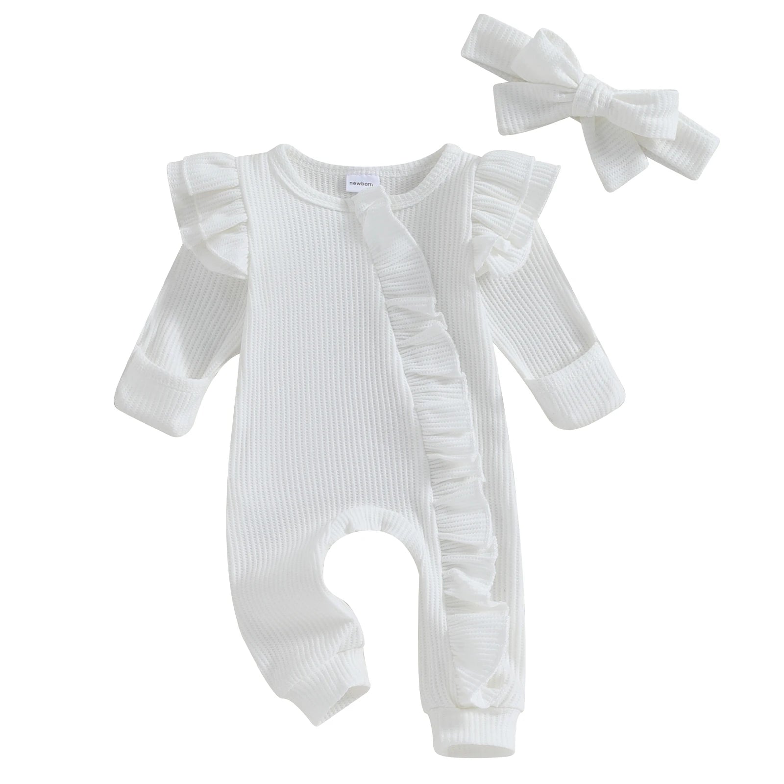 Infant Baby Girl Autumn Jumpsuit Solid Color Round Neck Flying Sleeve Ruffled Zipper Romper with Bow Headband 0-12M
