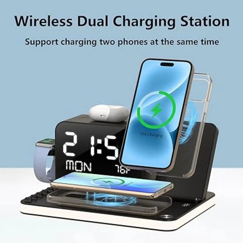 Wireless Charging Station Wireless Charging Station 7 in 1 Fast Charger Stand with Clock Night Lights for Watches Smartphones