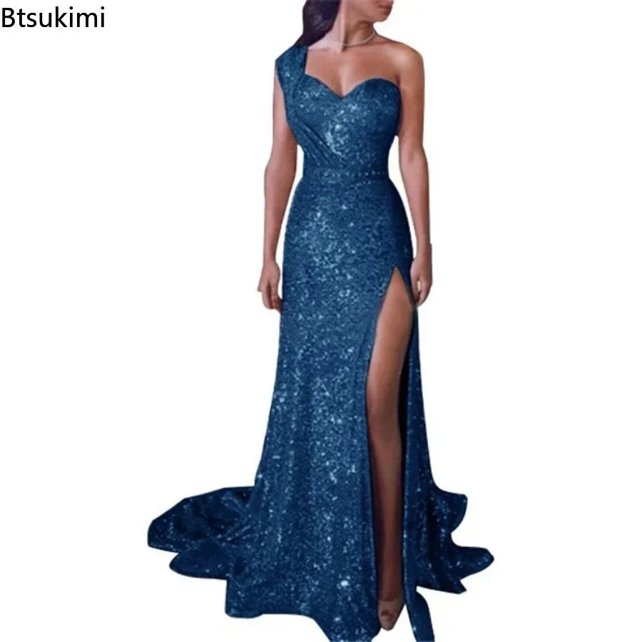 Women's Wedding Party Dress Evening Elegant Sexy Deep V Neck One Shoulder Sleeveless Sequined Long Maxi Dresses For Women