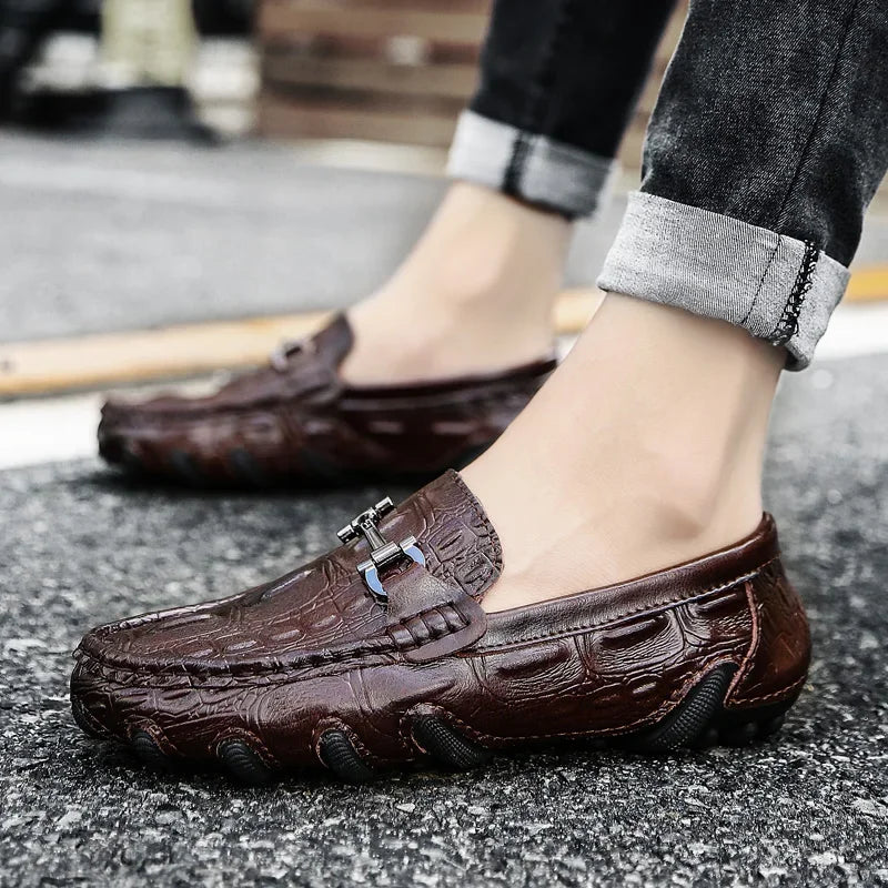Men Casual Shoes Genuine Leather Crocodile Style Luxury Brand Mens Loafers Moccasins Slip on Black Driving Shoes Plus Size 38-47
