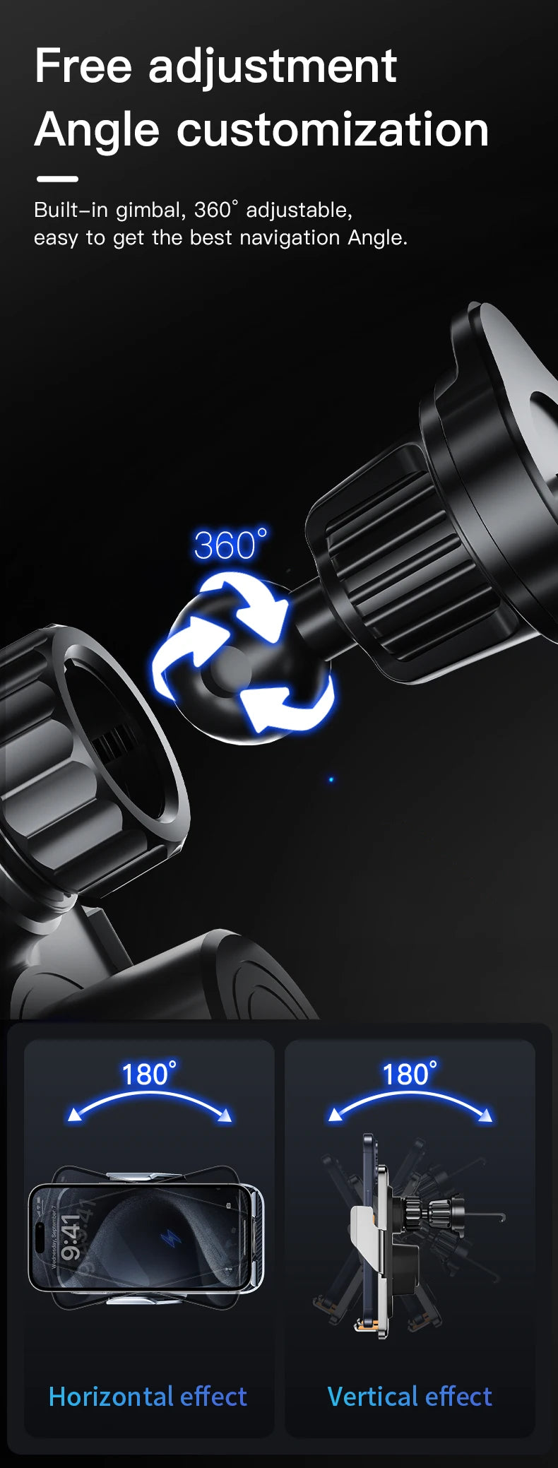 Car Wireless Charging Phone Holder Smart Sensing Fast Wireless Charger Phone Mounts 360° Rotation Inductive automatic clamping