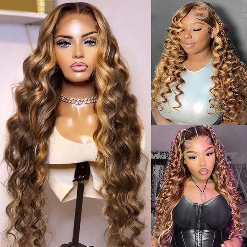 30 34 Inch Loose Deep Wave Frontal Wig 13x6 Ombre Highlight HD Lace Wigs 4/27 Colored Wigs Curly 13x4 Lace Front Human Hair Wigs