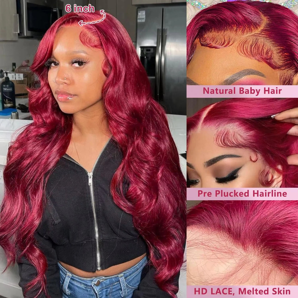 200 Density 99J Burgundy Body Wave Human Hair Wigs 13x6 HD Lace Frontal Human Hair Wig Brazilian Remy Real Human Hair For Women