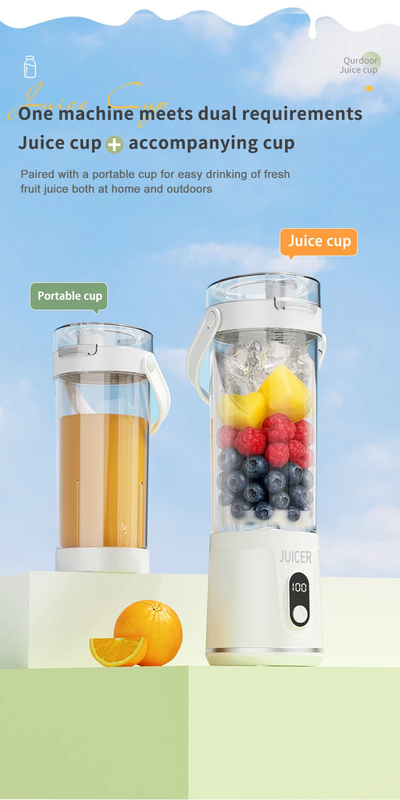 Portable Blender 600ML Electric Juicer Rechargeable 4000mAh USB Fruit Mixer Personal Smoothie Maker Outdoor Fresh Fruit Blender