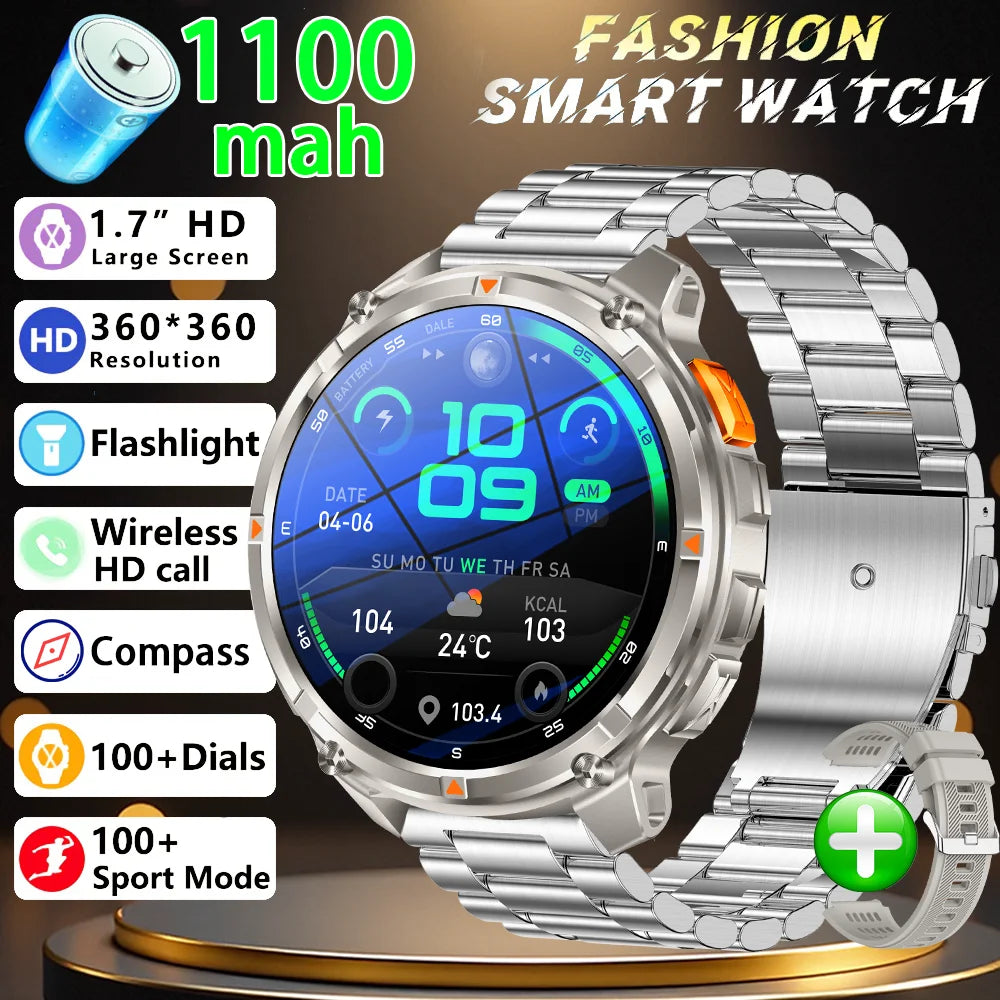 Men Smart Watch 1.7inch LED Flashlight HT33 BT Calling Outdoor Sports Compass Health Monitoring 1100mAh Large Battery Smartwatch