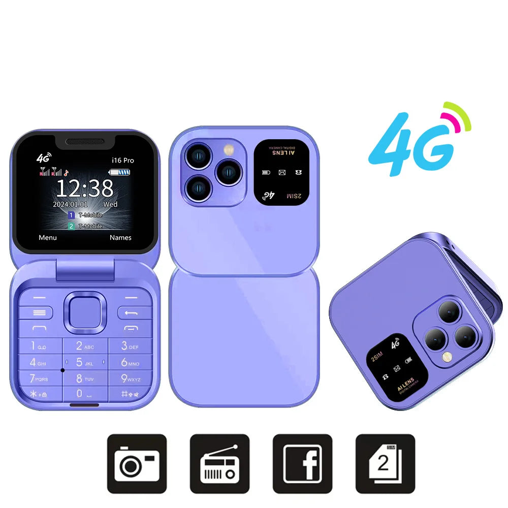 i16 Pro 4G LTE Mini Flip Mobile Phone Dual SIM Standby Call Recording Speed Dial FM Radio Blacklist Small Fold Cellphones
