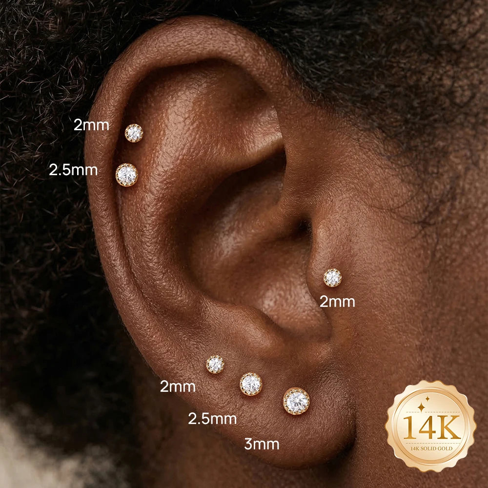 CANNER 1PC 2/2.5/3mm G23 Titanium 14K Solid Gold CZ Piercing Flat Back Stud Earring Women Hypoallergenic Classic Ear Bone Gift