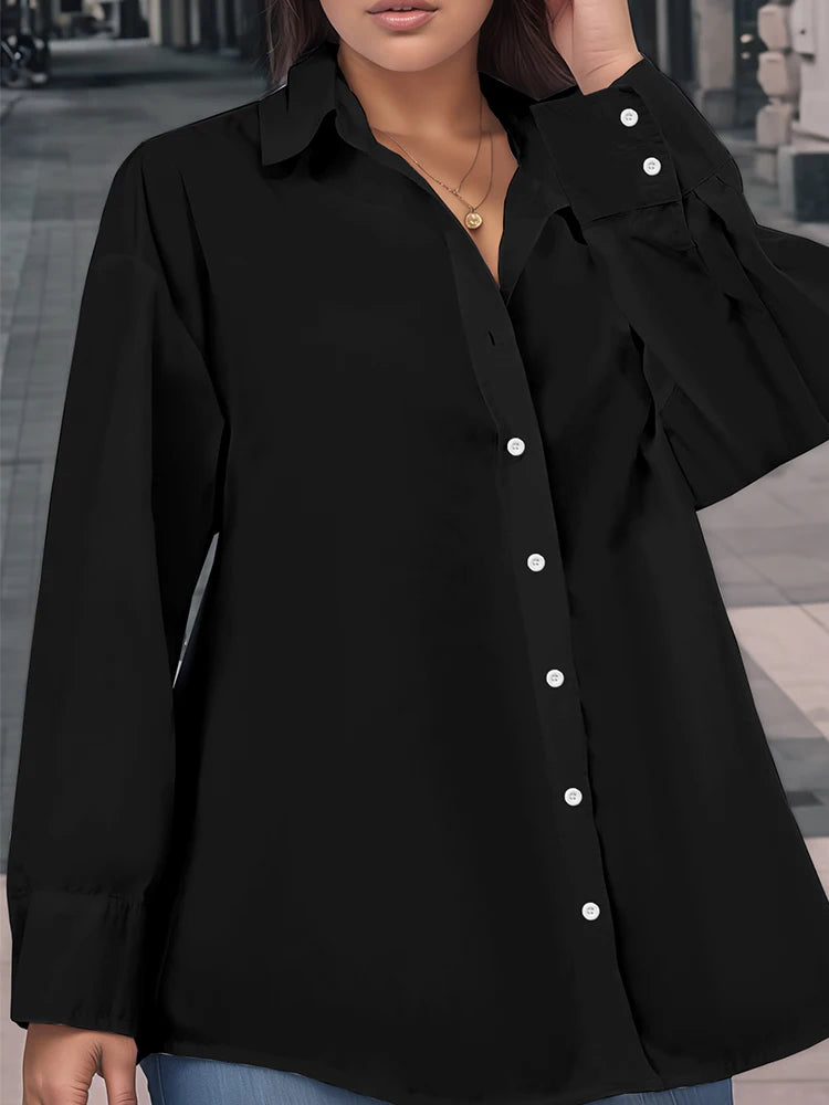 Plus Size Women's Crop Top Shirt Elegant Women's Tie-Front Long-Sleeved Shirt Solid Colour Suitable for Autumn
