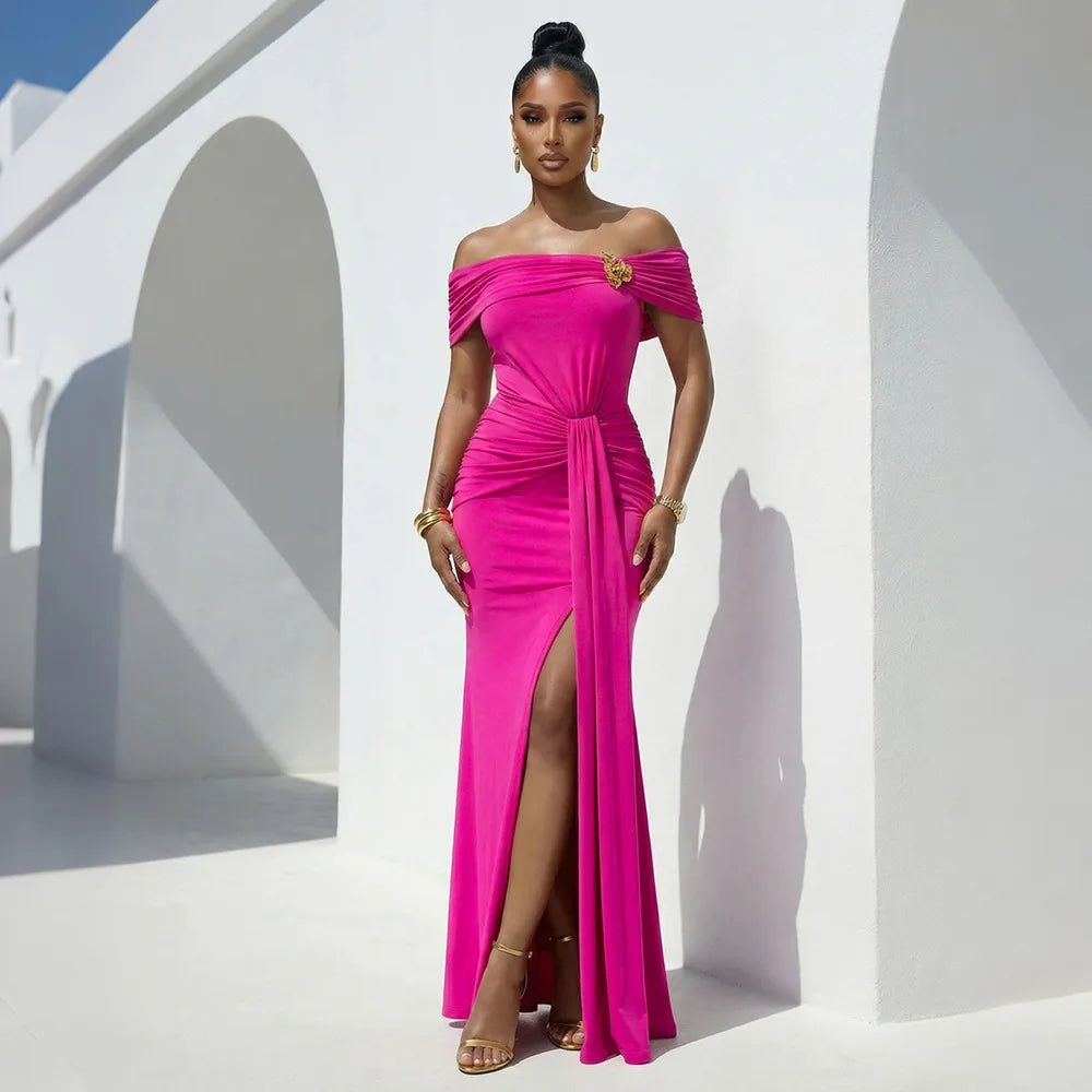 Women Slash Neck Ribbon Short Sleeve Long Maxi Dress Summer Street Evening Birthday Party Sexy Dresses