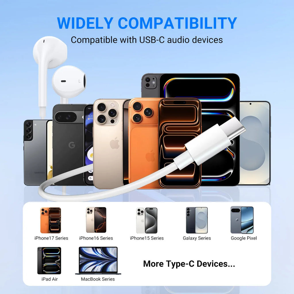 Headphones for iPhone 17 16 15, Wired Type C Earphones Built-in Microphone & Volume Control, HiFi Stereo Sound Earbuds