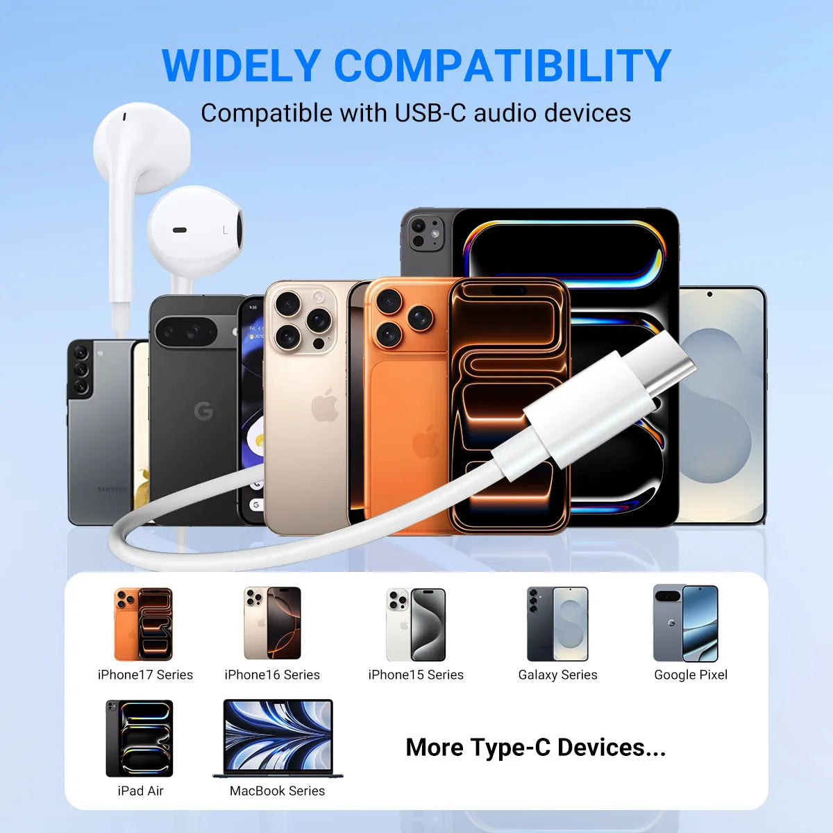 Headphones for iPhone 17 16 15, Wired Type C Earphones Built-in Microphone & Volume Control, HiFi Stereo Sound Earbuds
