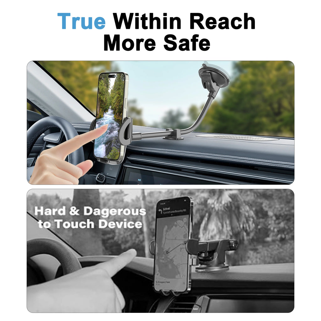 Solid Car Truck Phone Mount Holder with 11.8-Inch Gooseneck Long Arm Anti-Shake Stabilizer Compatible All Cell Phones iPhone