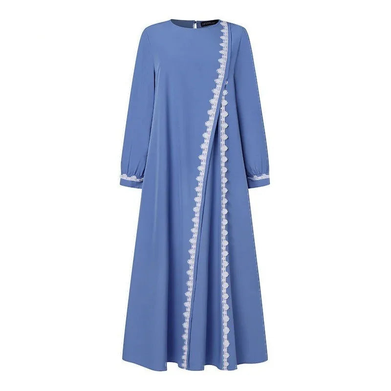 Women's Long Sleeve Lace Robe Muslim Bohemian Style Polyester Abaya Casual Ramadan Spring Vest for Adults Middle Age