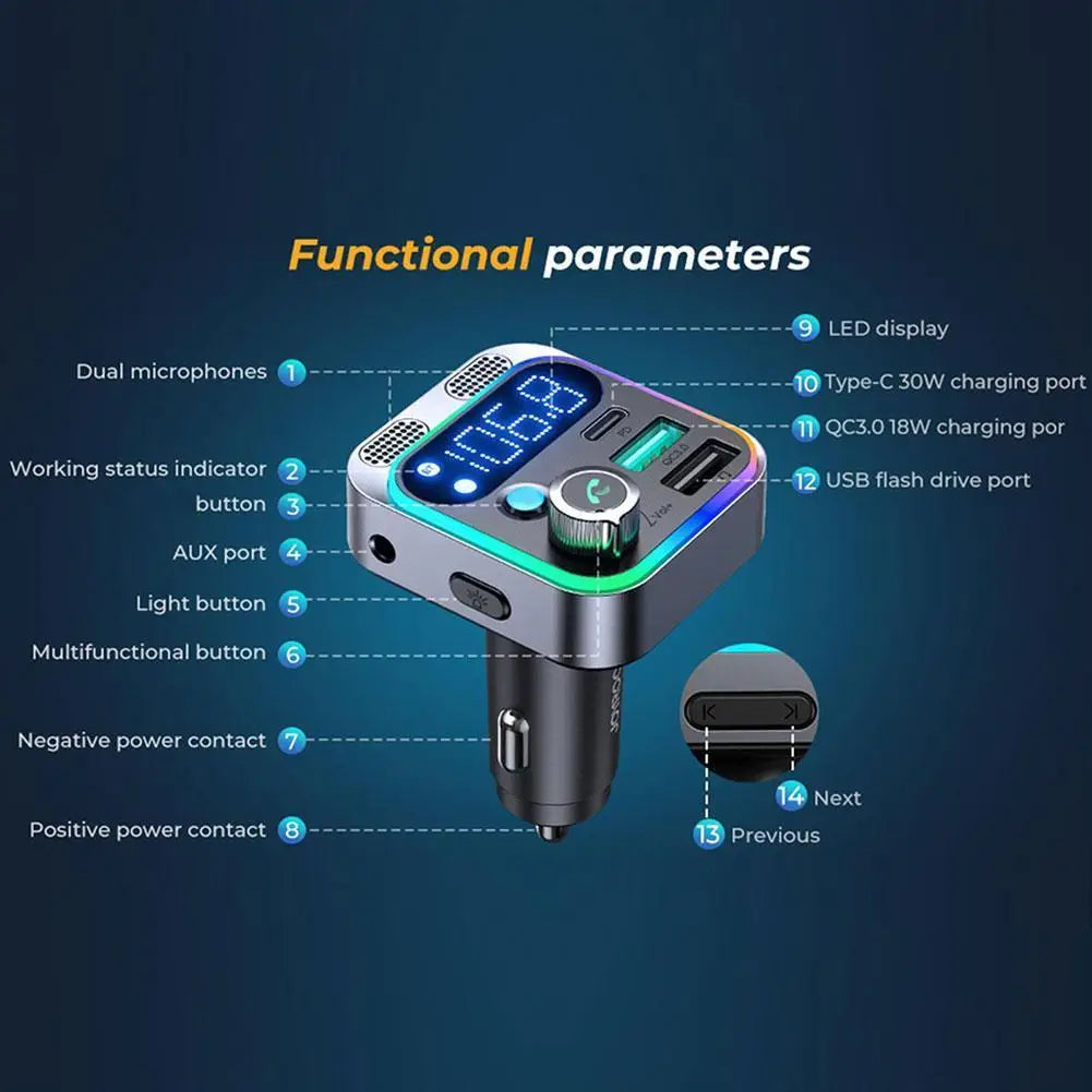 Car Bluetooth 5.2 FM Transmitter 48W PD&QC3.0 Dual Charger Wireless Adapter with Dual Mics Deep Bass Sound for Vehicle