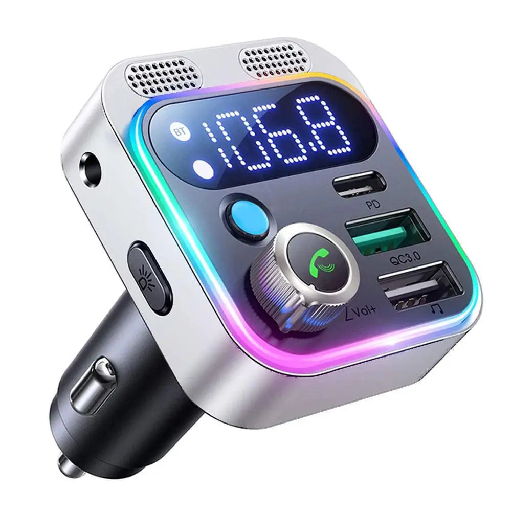 Bluetooth 5.0 FM Transmitter Car Adapter with AUX Bass Boost 3-Port Charger - Wireless Music Streaming Car Charger