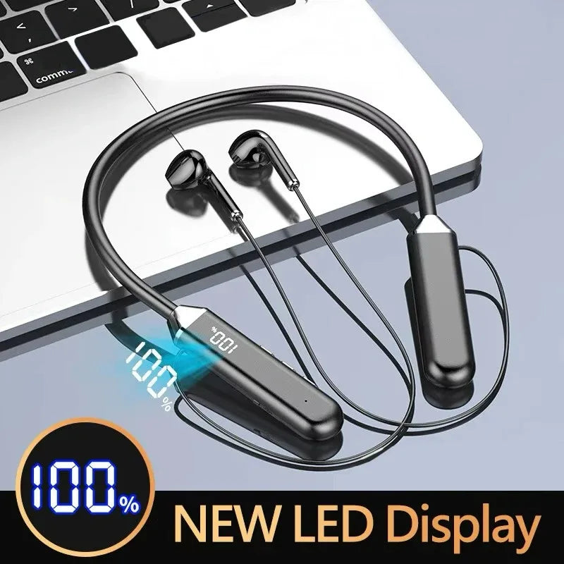 Wireless Neckband Headphones Bluetooth Earphones with LED Power Display High Sound Quality Stereo Waterproof In-ear Headset with Microphone