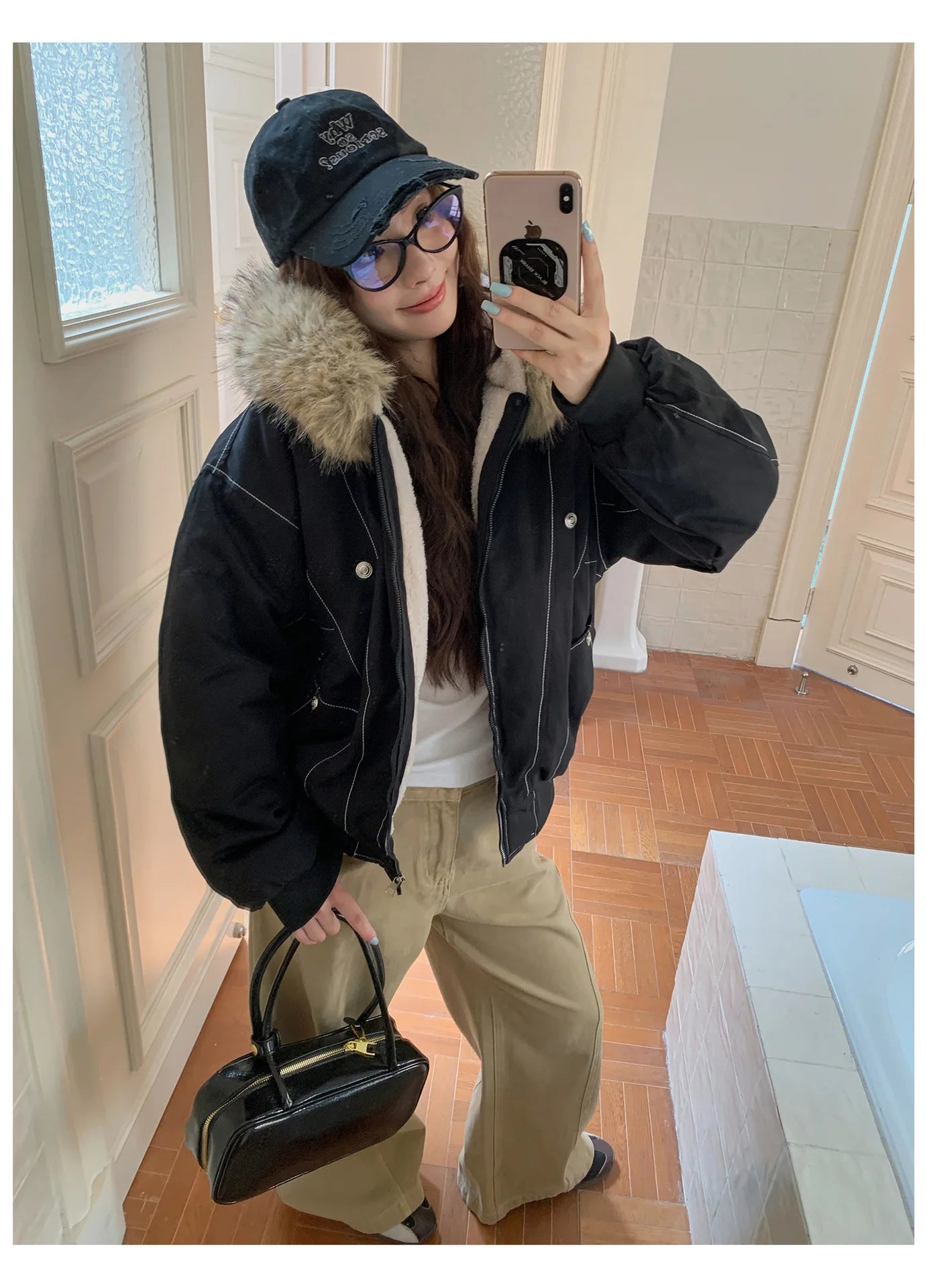 Women Short Parkas Coat Solid Jacket Big Fur Collar Hooded Zipper Pocket Long Sleeve Loose Casual Office Lady 2025 Autumn Winter