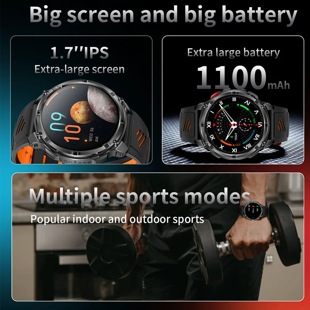 Men Smart Watch 1.7inch LED Flashlight HT33 BT Calling Outdoor Sports Compass Health Monitoring 1100mAh Large Battery Smartwatch