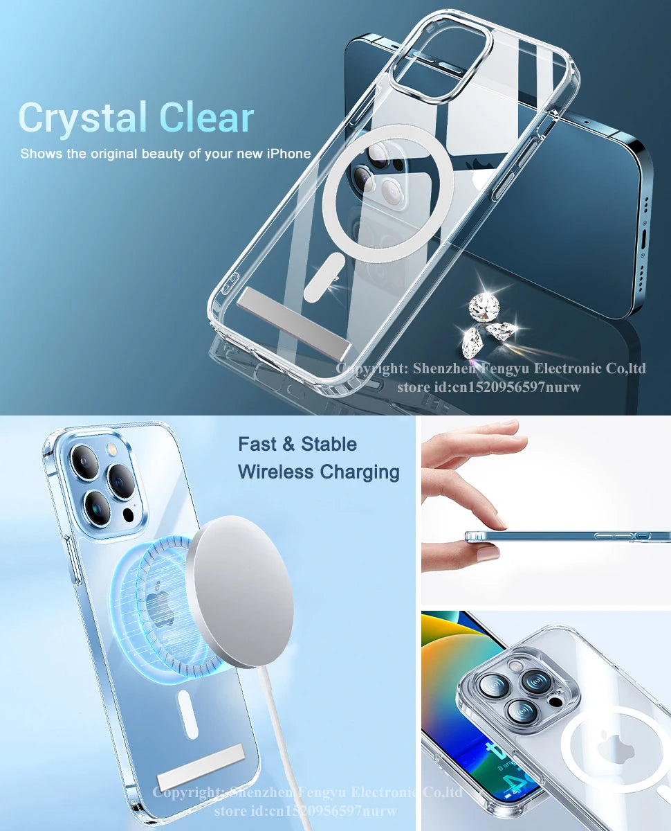 Stand Clear Magnetic Phone Case for iPhone 17 Pro Max Air 13 12 Mini 16 15 14 11 Cases with Kickstand Transparent Holder Cover