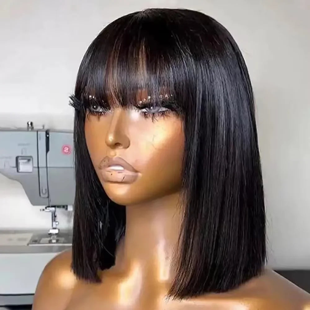 Short Bob Wig With Bangs Straight Human Hair Bob Glueless Wig Human Hair 180% Density Black Color Straight Bang Bob Wig For Women