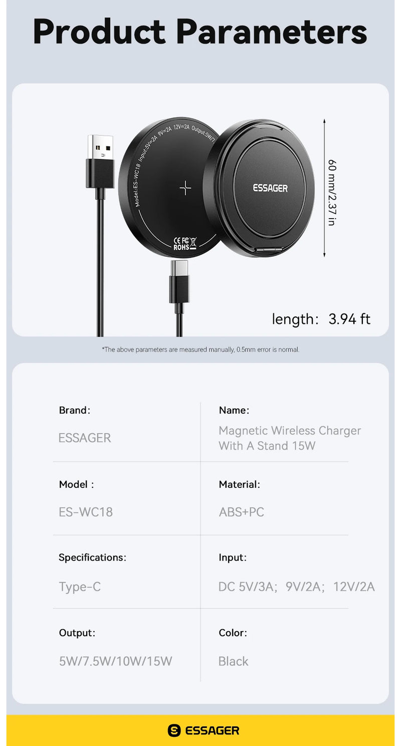 Essager Magnetic 15W Wireless Charger Fast Charging Pad Stand for iPhone 15 14  Airpods USB To Typec Phone Chargers Dock Station
