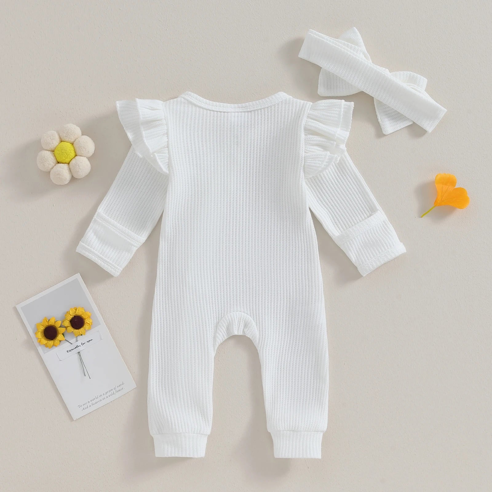 Infant Baby Girl Autumn Jumpsuit Solid Color Round Neck Flying Sleeve Ruffled Zipper Romper with Bow Headband 0-12M